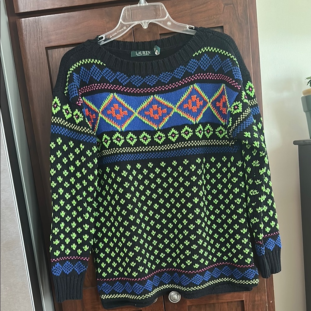 Ralph Lauren Black and Green Crew Neck Sweater with Nordic Pattern
